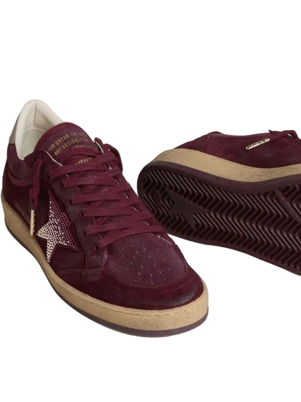 Ball Star in burgundy suede with crystal star and metallic leather heel tab