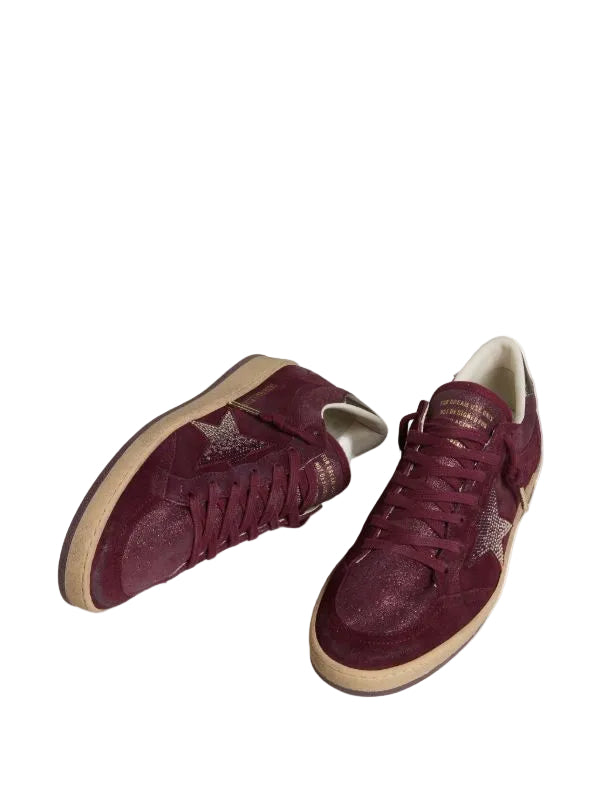 Ball Star in burgundy suede with crystal star and metallic leather heel tab