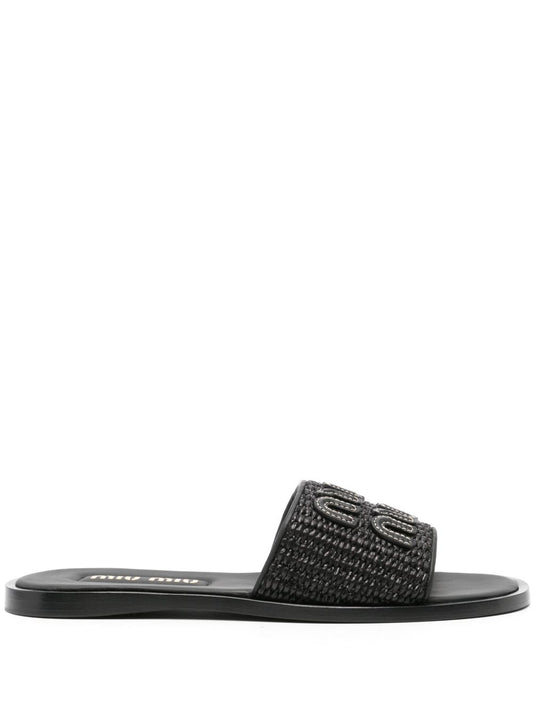 Miu Miu logo-patch raffia slides black