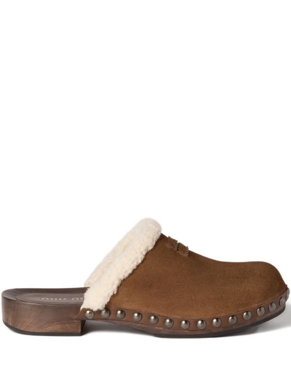 Miu Miu shearling-lined suede clogs in brown