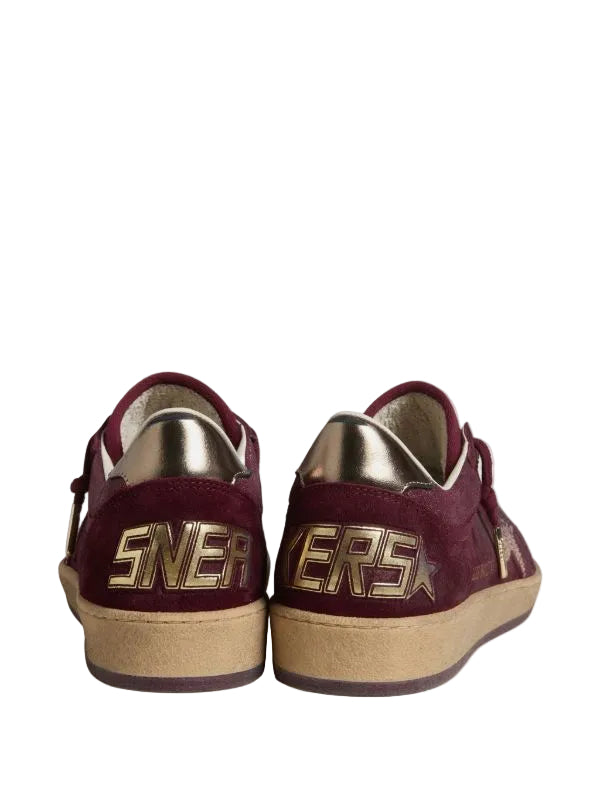 Ball Star in burgundy suede with crystal star and metallic leather heel tab