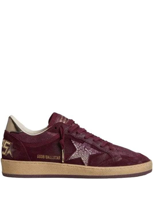 Ball Star in burgundy suede with crystal star and metallic leather heel tab
